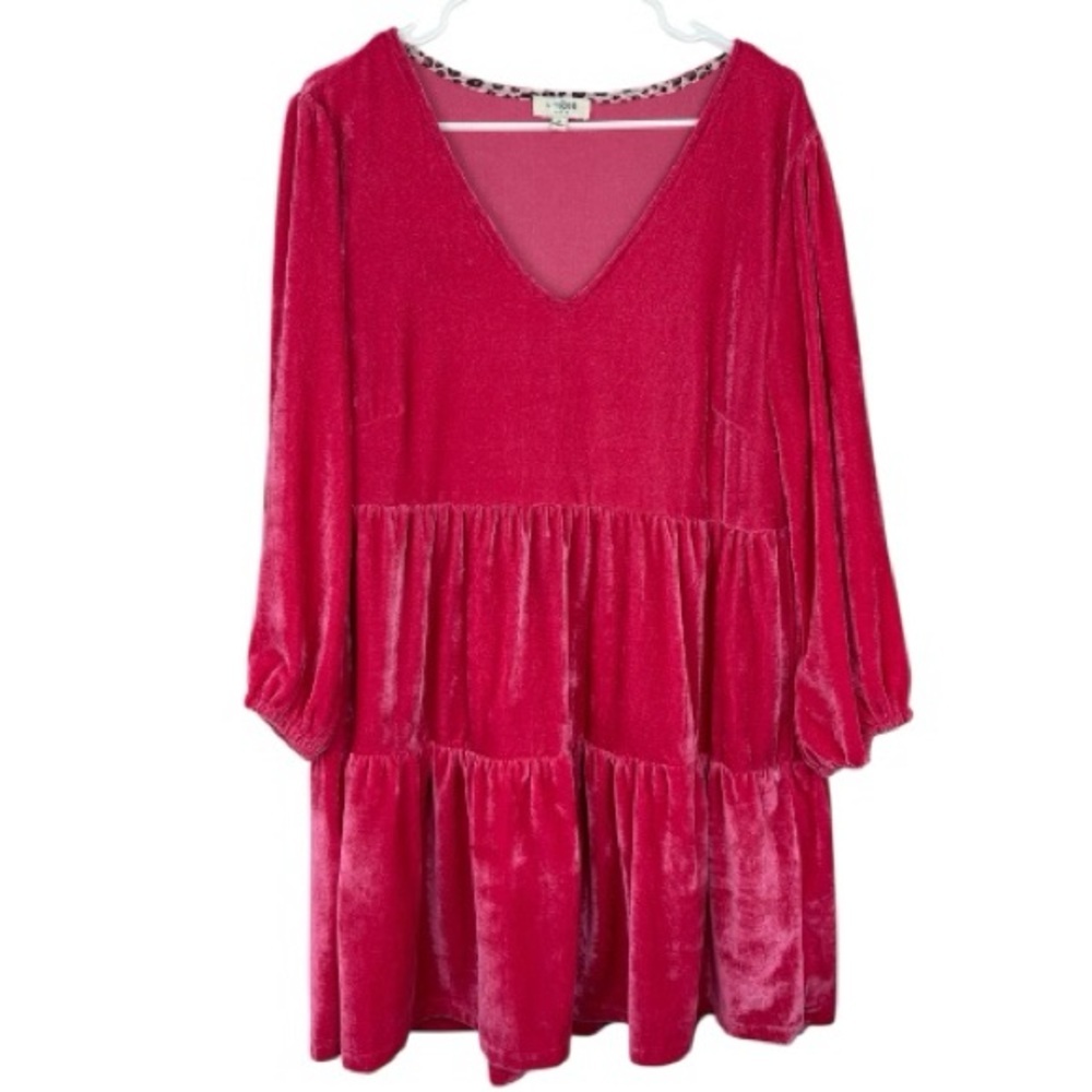Umgee Bright Pink V-Neck Velvet Baby Doll Dress size Medium coquette kidcore